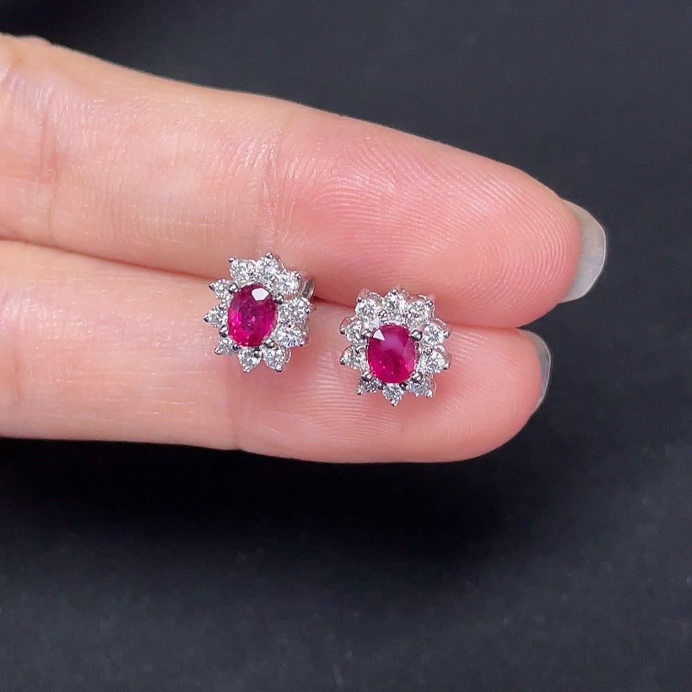 Ruby Stud Earrings, 18K Gold, Accented with Diamonds