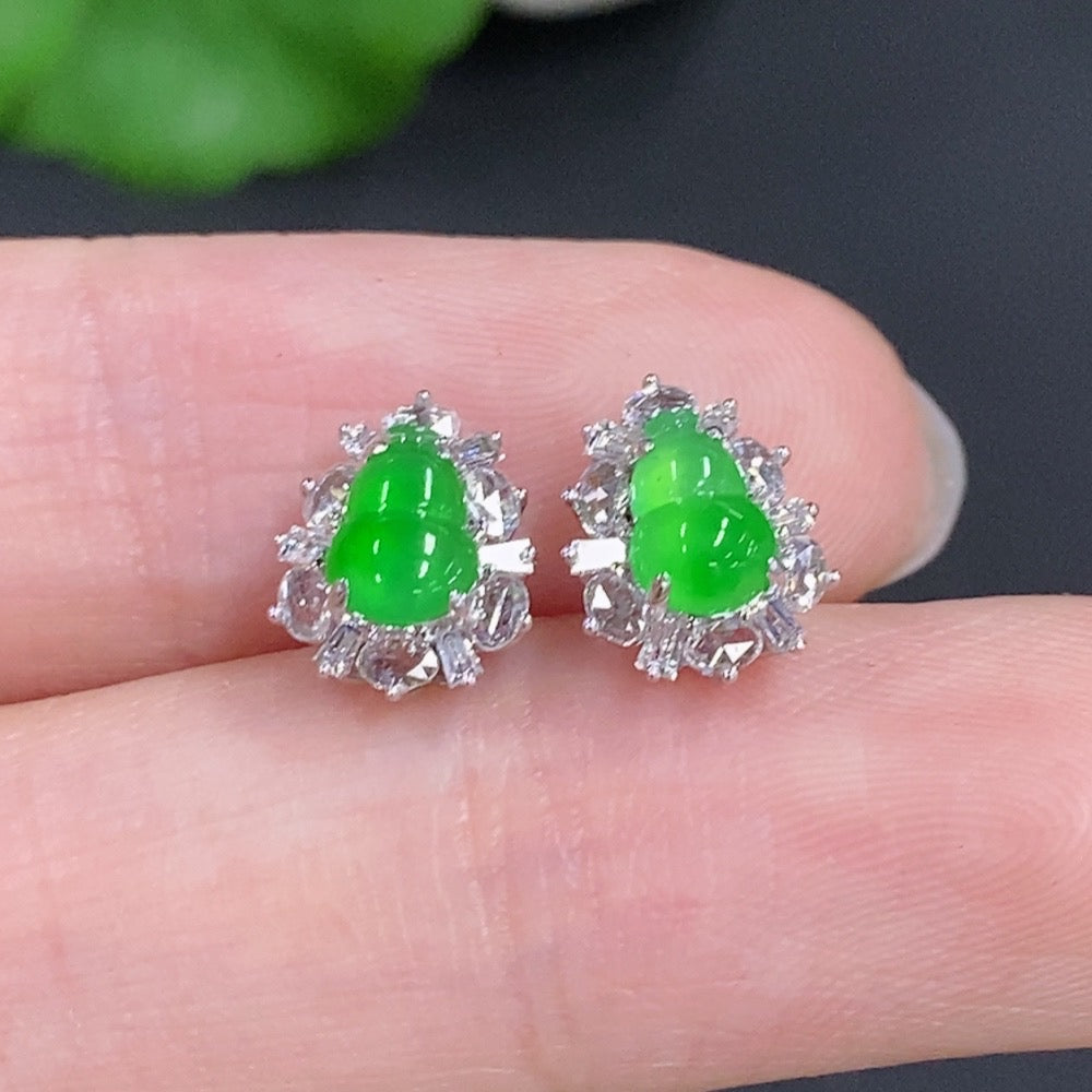 Jadeite Gourd Inlaid Earrings 18k Gold with Diamond Accents