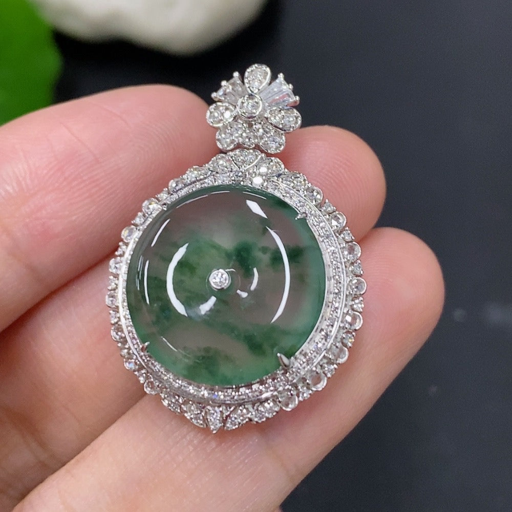 Jadeite Inlaid Peace Pendant with 18k Gold and Diamond Accents