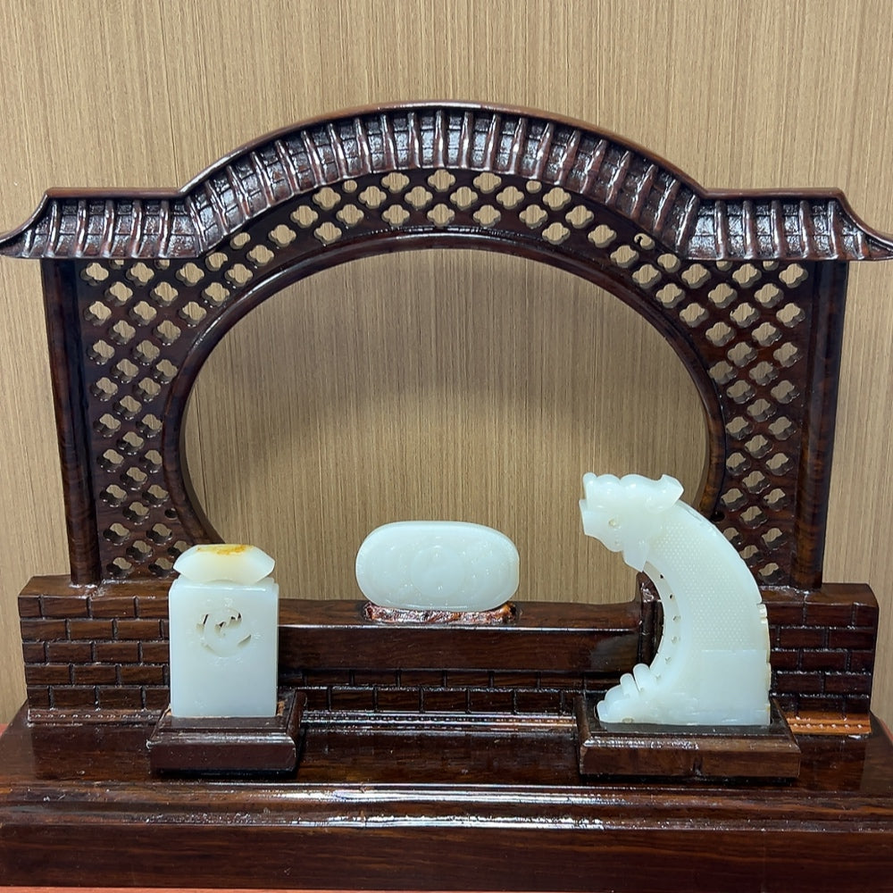 HKHQ Hetian Jade Chinese Dream Ornament showcasing smooth, polished jade with intricate carvings and traditional design.