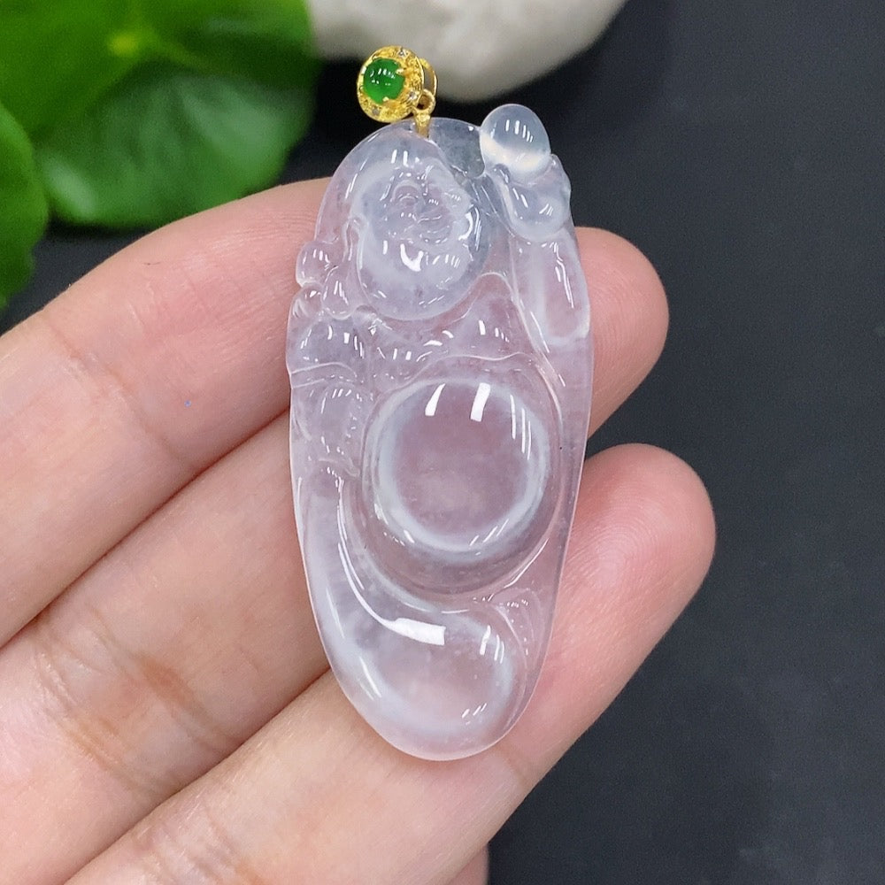 Jadeite Maitreya Pendant with 18K Gold Clasp, Total Weight Approximately 6.3g, Set with Diamonds
