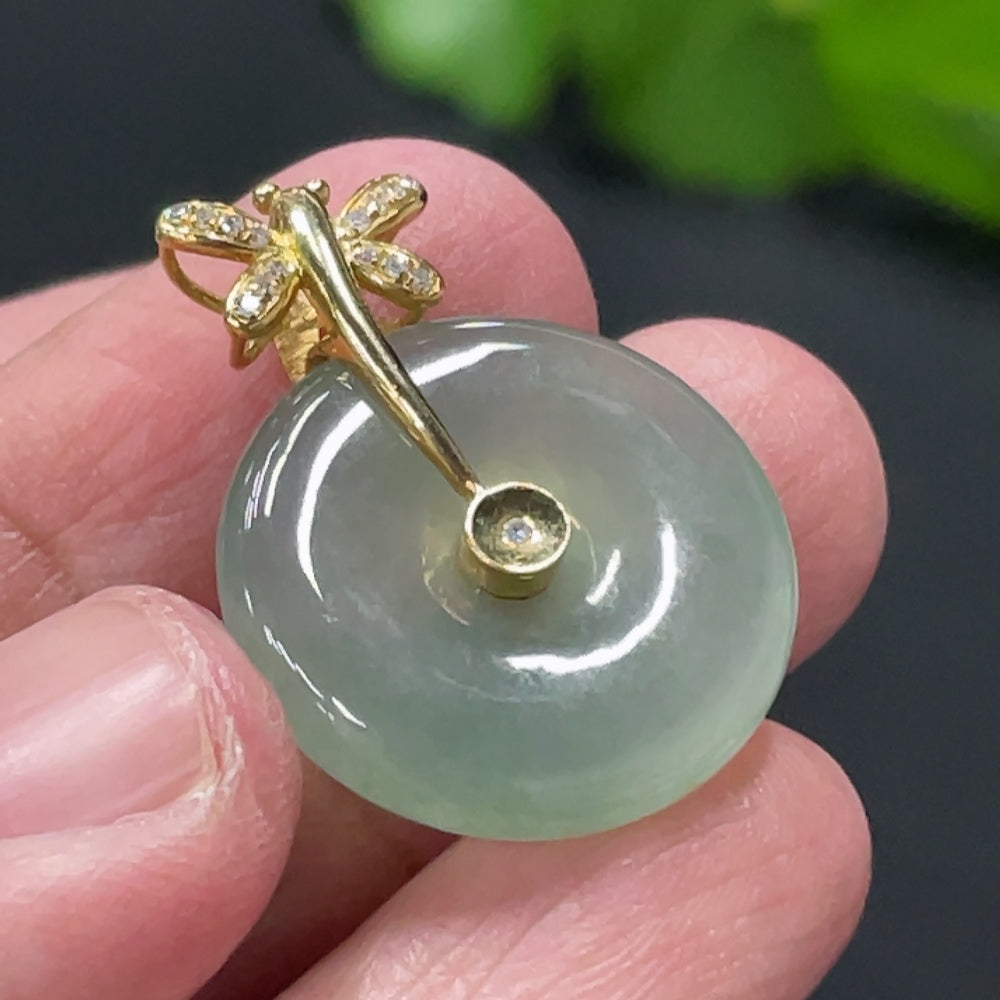 Jadeite Peace Pendant with 18K Gold Bail and Diamond Accents, Total Weight Approx. 5g