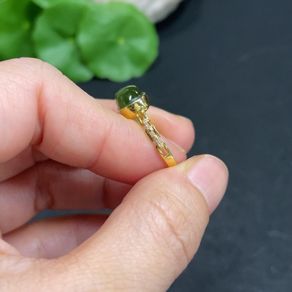 Hetian Jade Inlaid Ring with Diamond Accents, Size 14, 71% Gold Content, Total Weight Approx. 1.8g