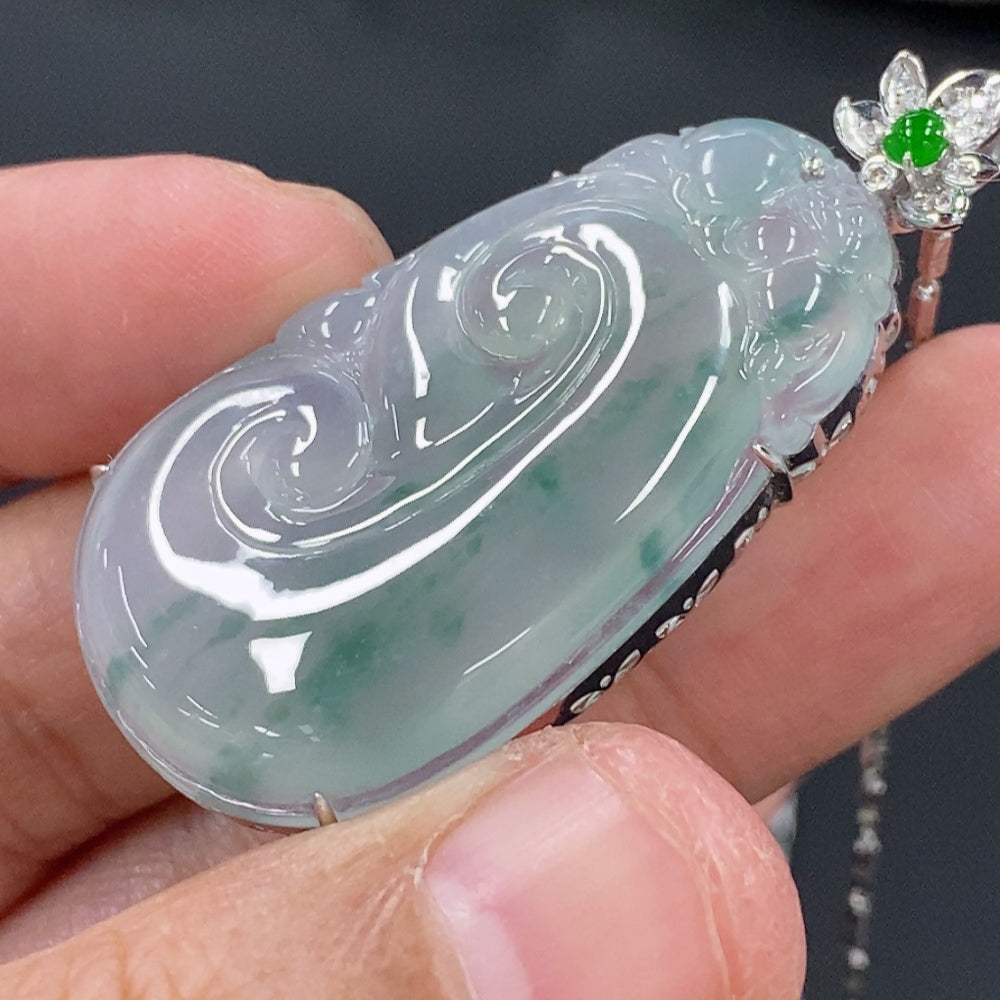 Jadeite Ruyi pendant set with diamonds on 18k gold chain, HKHQ jewelry, featuring intricate inlaid design and 12.3g weight.