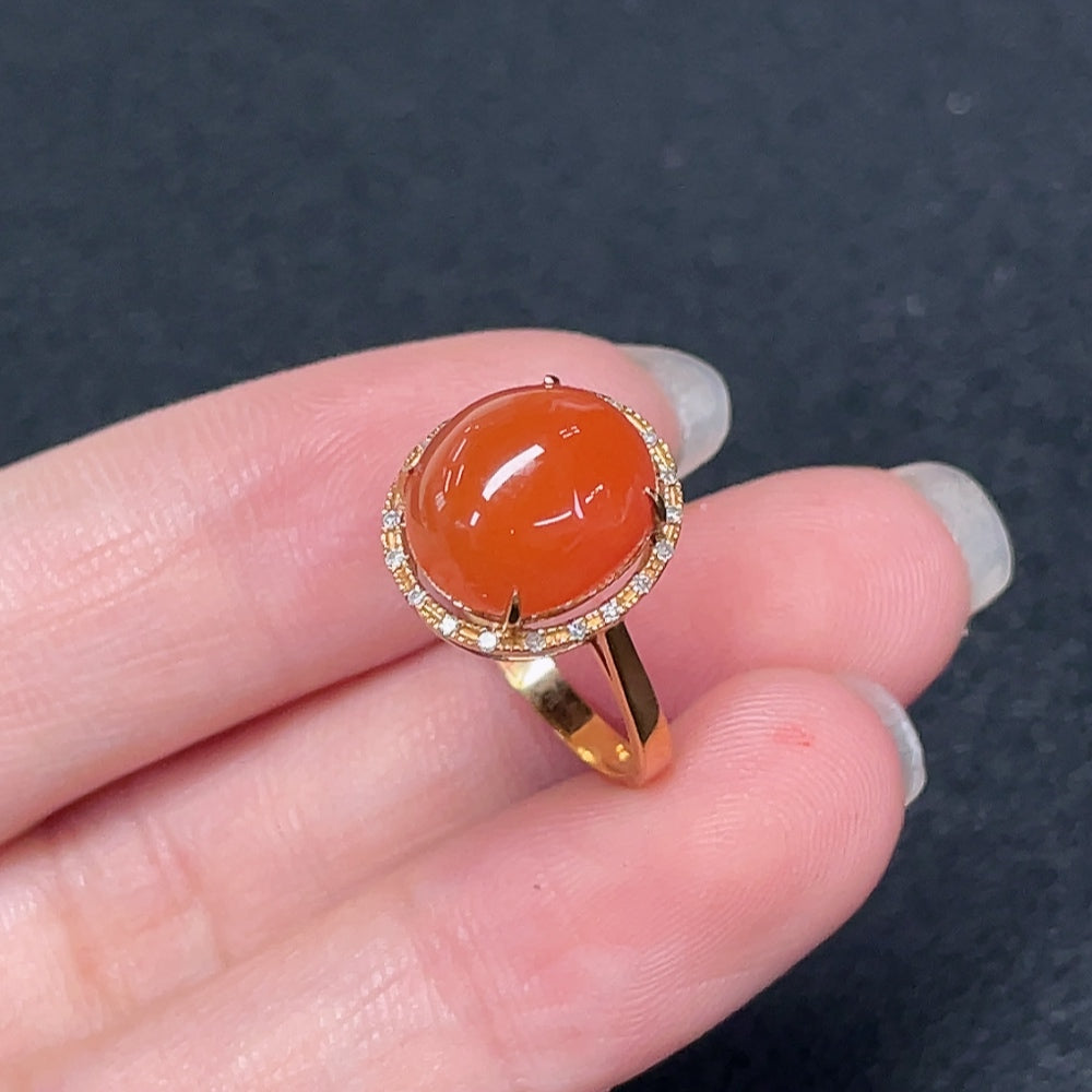 South Red Agate Ring with Diamond Accents, 18K Gold