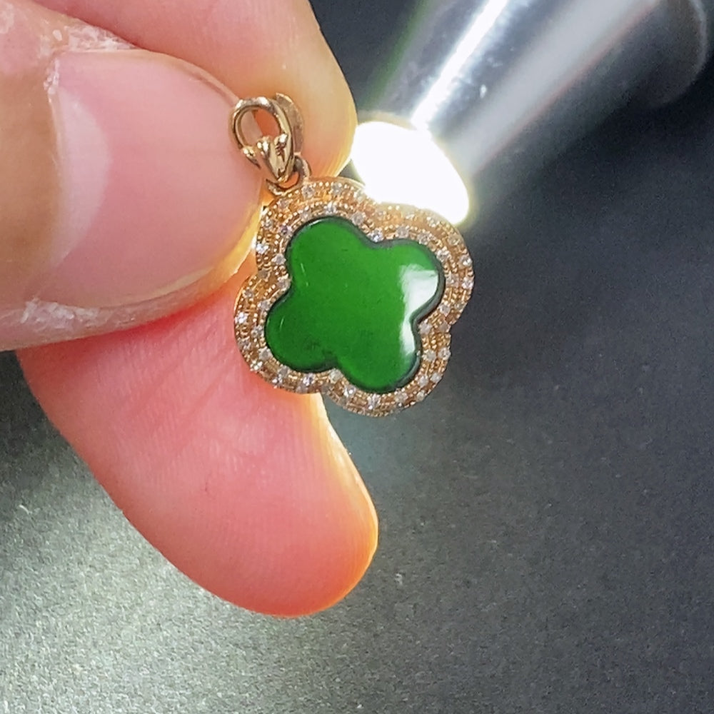 Jadeite Inlay Pendant 18K Gold Total Weight Approx. 1.4g (with Diamond Accents)