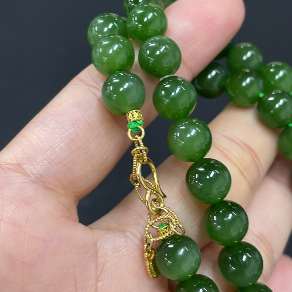 Hetian Jade Beaded Necklace, approx. 7.8mm, 18K Gold, total weight approx. 45.7g