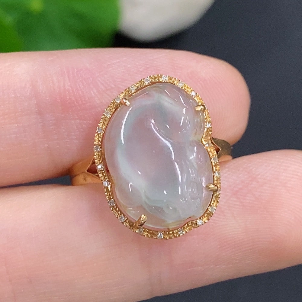 Jadeite Three-Legged Toad Ring in 18K Gold with Diamond Accents