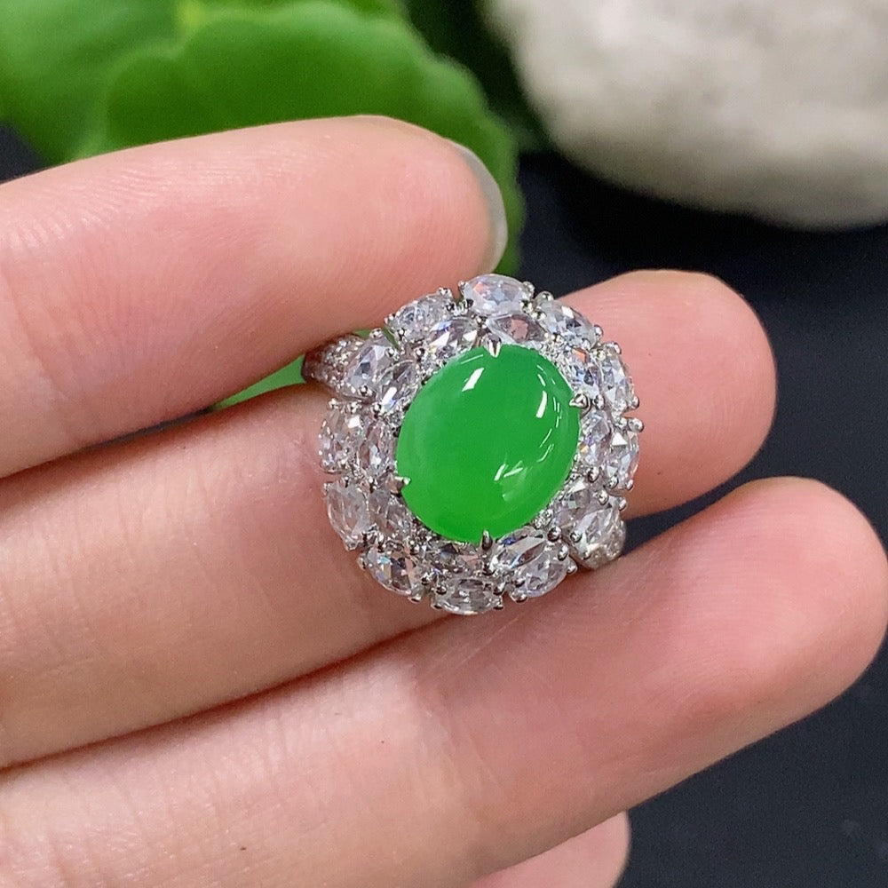 Jadeite Cabochon Solitaire Ring with 18K Gold and Diamond Accents