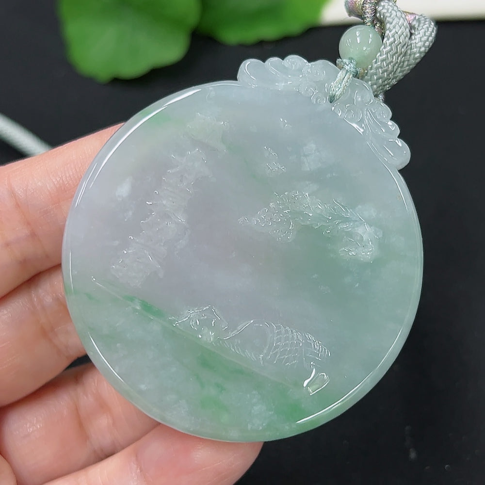 Jadeite landscape pendant with intricate carvings, weighing approximately 43g, featuring a jade pendant on a rope, crafted by HKHQ.