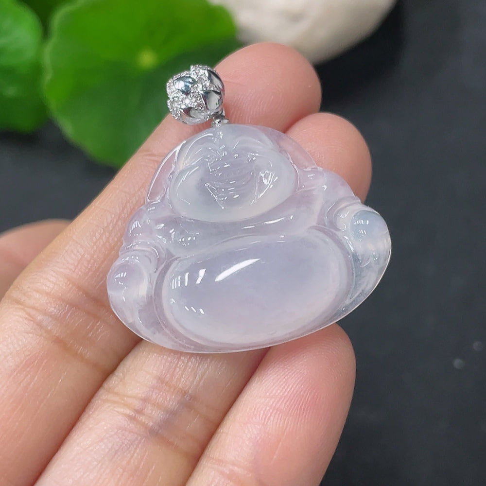 Jadeite Buddha Pendant with 18K Gold Clasp, Total Weight Approx. 6g (Diamond Accented)