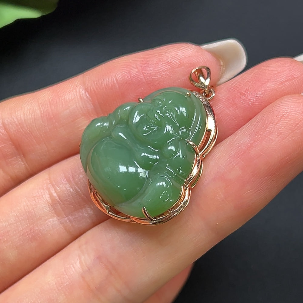 Hetian Jade Buddha Pendant with 18K Gold and Diamond Inlays