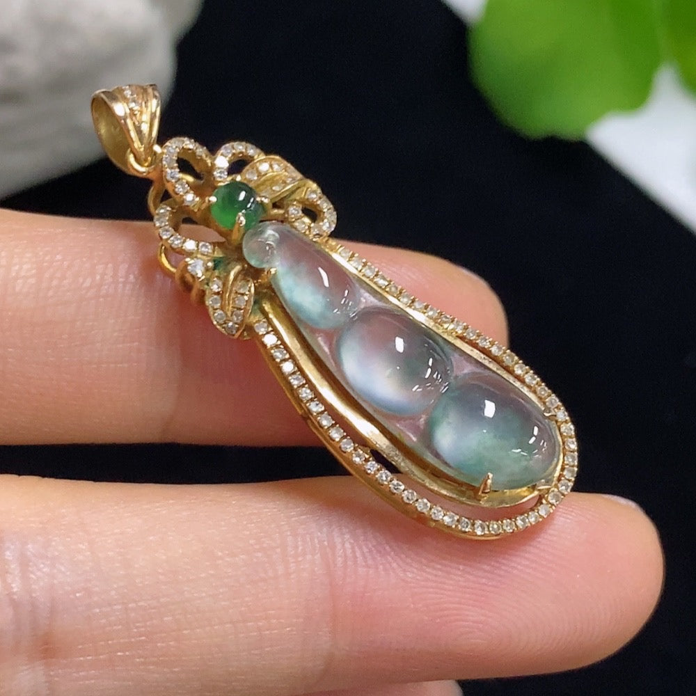 Jadeite auspicious bean pendant in 18k gold with diamond accents, crafted by HKHQ, weighing approximately 4.16g.
