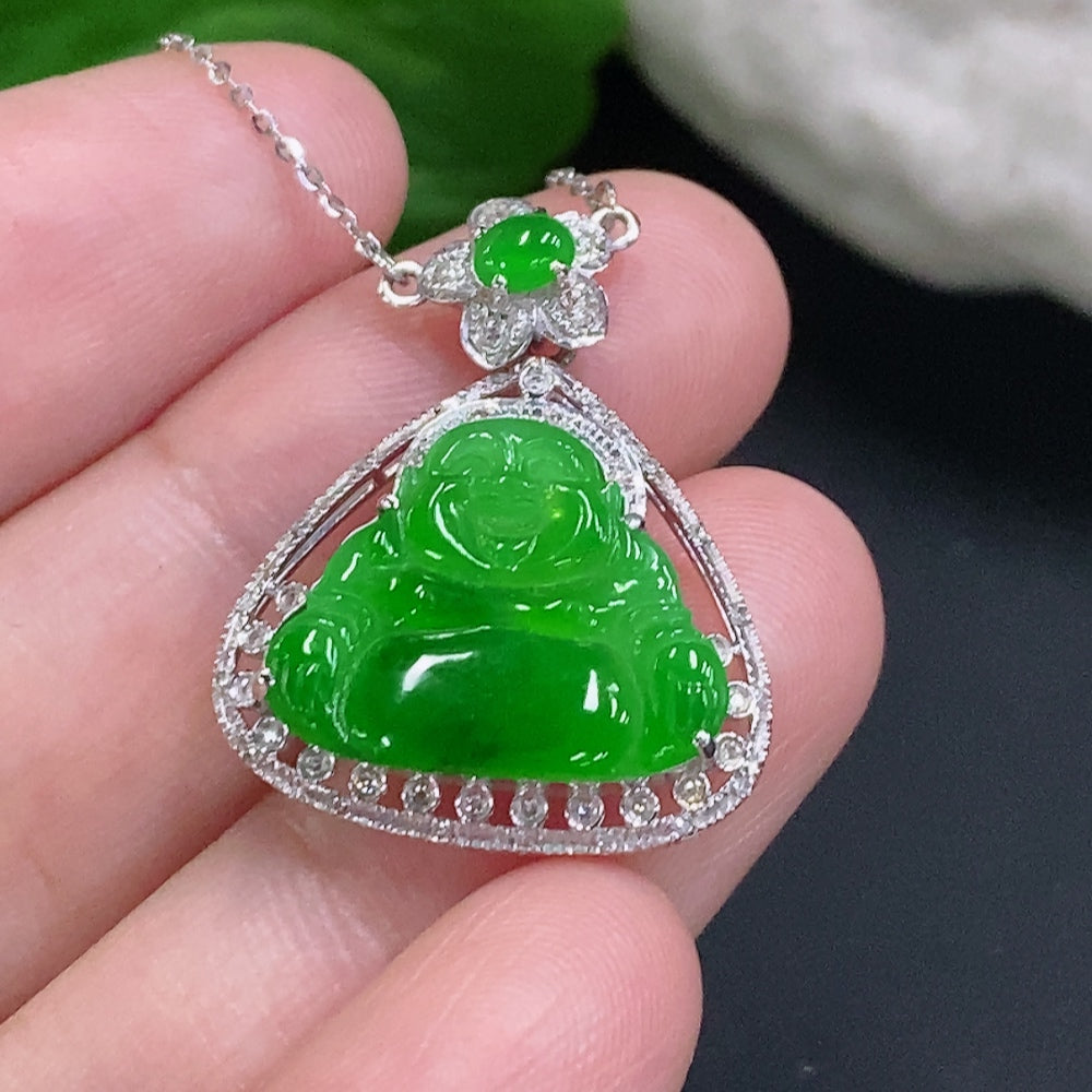 Jadeite Buddha Pendant Set in 18K Gold with Diamond Accents Total Weight Approx. 3.4g (Including Chain)