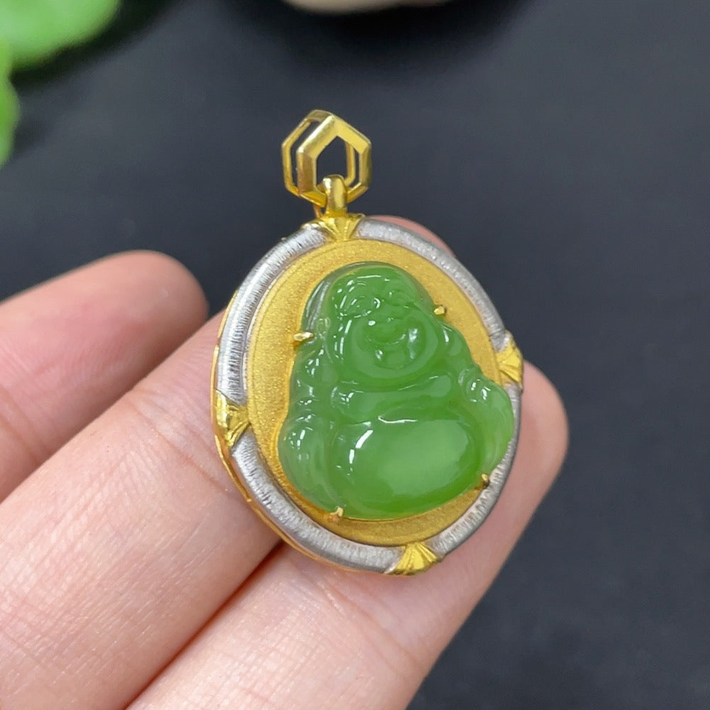 Hetian jade jasper Buddha pendant with 18K gold inlay, weighing approx. 2.9g, featuring detailed craftsmanship.