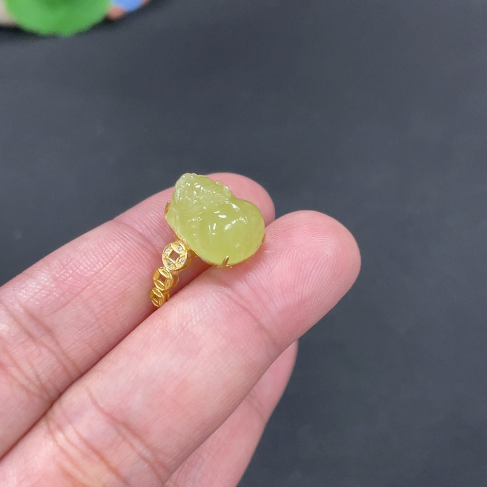 Hetian Jade Inlaid Ring Pixiu Size 13 Total Weight Approx. 2.7g 18k Non-Diamond