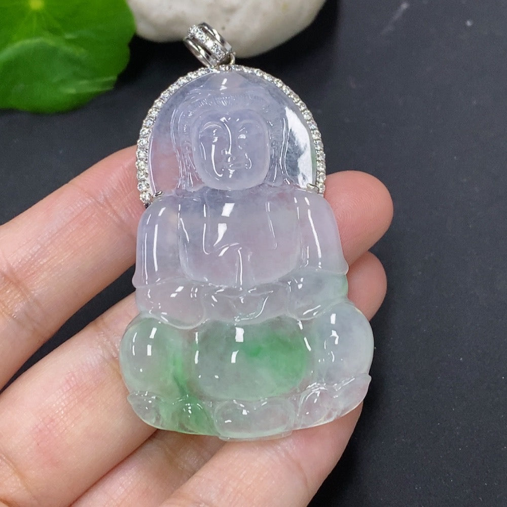 Jadeite Guanyin pendant with 18K gold inlay, detailed carving, weighing approximately 21.1g, featuring mineral components, by HKHQ