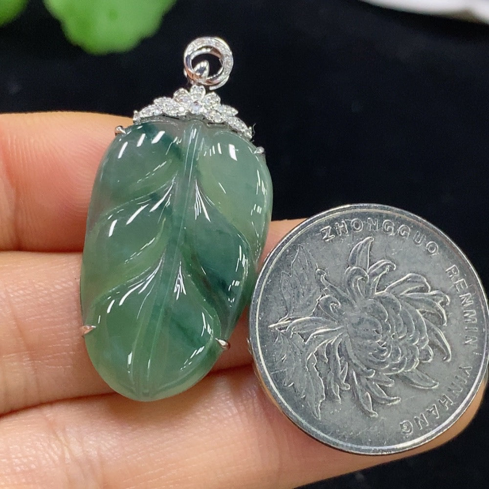 Jadeite Leaf Inlaid Pendant 18k with Diamond Accents Total Weight Approximately 4.65g