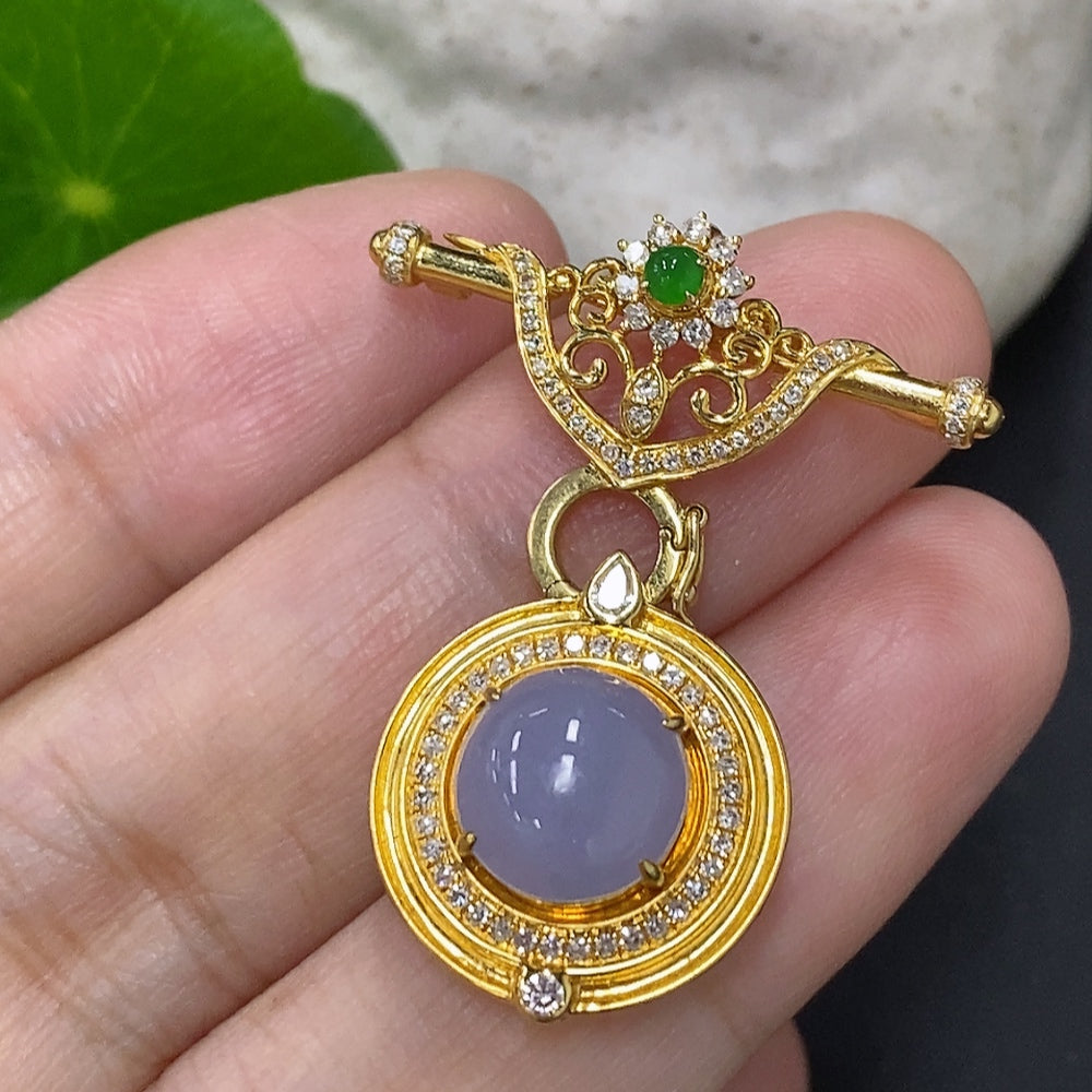 Jadeite Cabochon Brooch 18K Gold Total Weight Approx. 4.4g (With Diamond Accents)