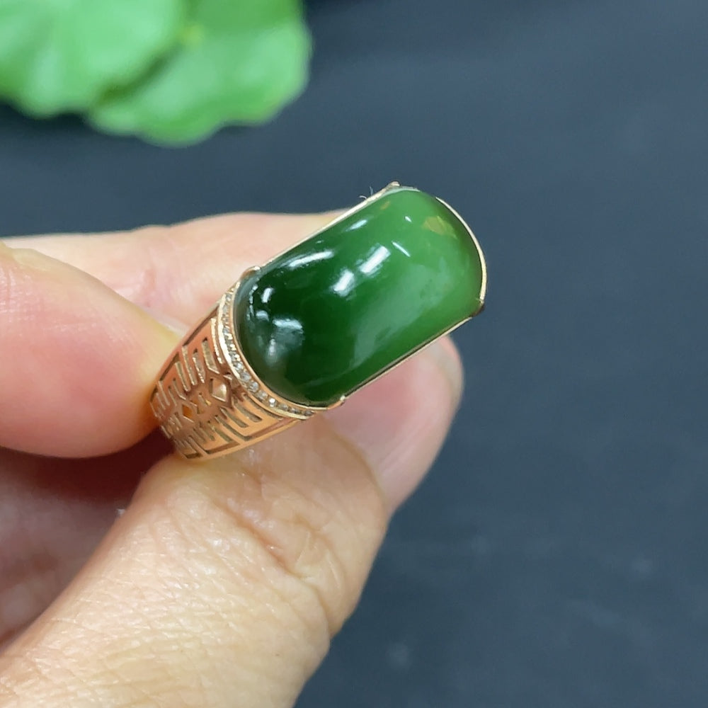 Hetian Jade Jasper inlaid ring with 18k gold band, diamond accents, size 23, by HKHQ.