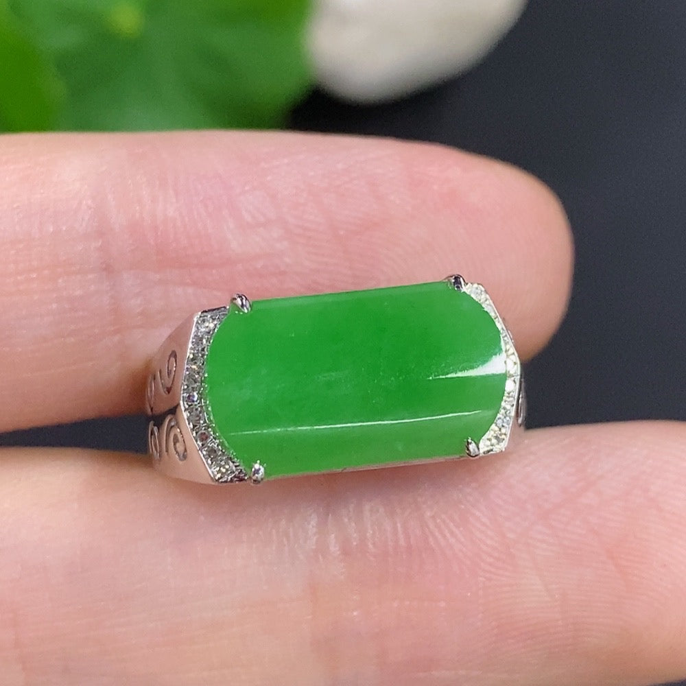 Jadeite cabochon ring with diamond accents in 18k gold, size 13, featuring a smooth green jade gemstone and elegant design.