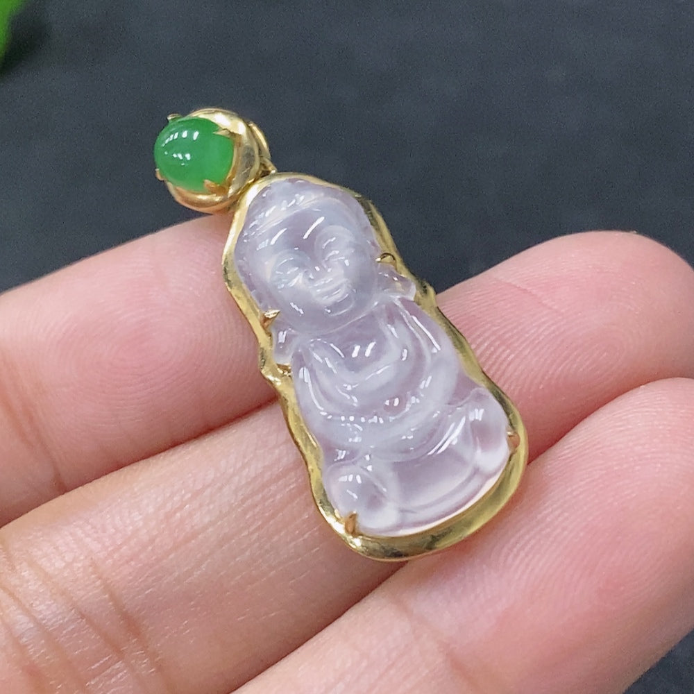 Jadeite Baby Buddha Pendant with 18k Gold Setting, Total Weight Approximately 2.37g