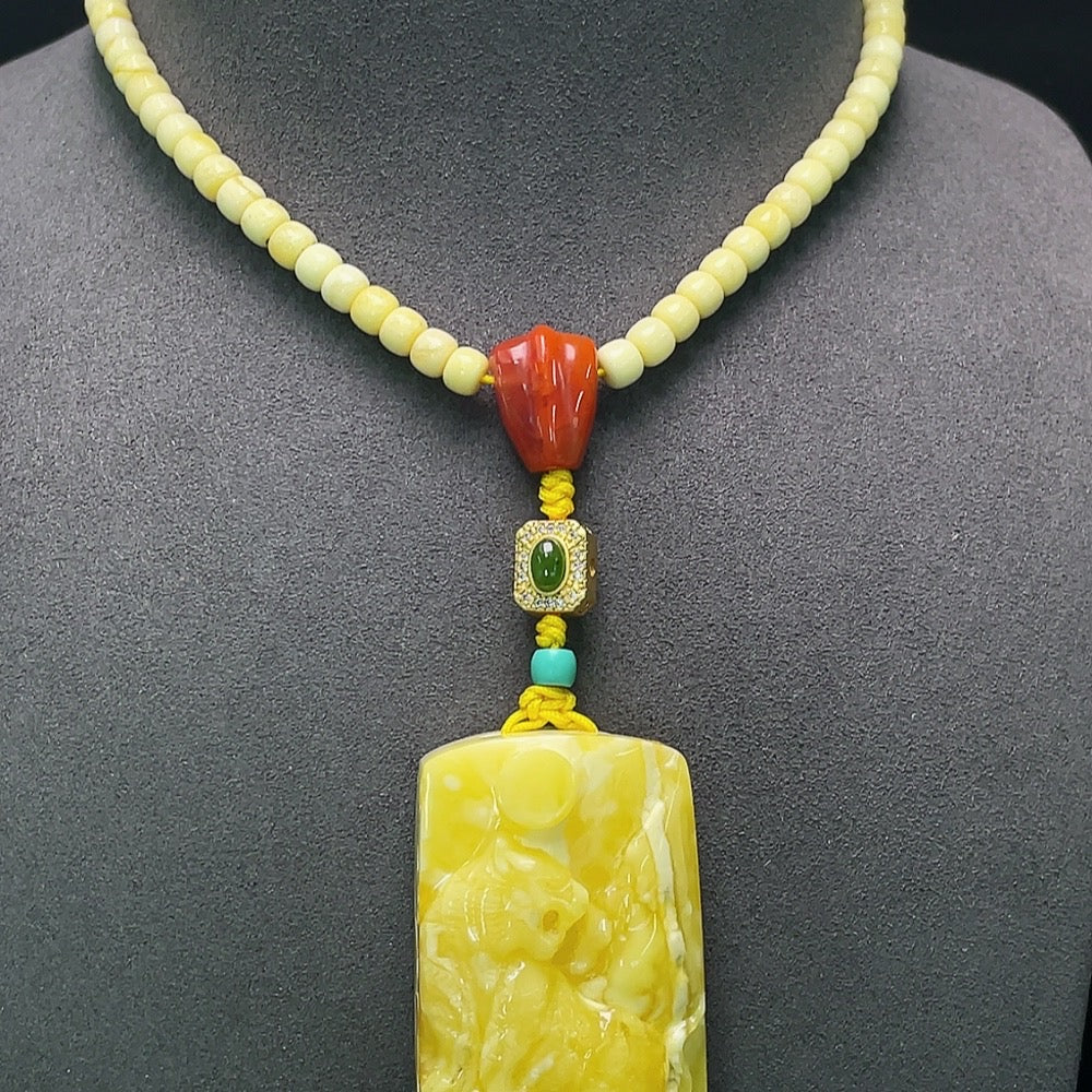 Amber Beeswax Pendant with Non-Natural/Non-Metal Accent Stones, Total Weight Approx. 37.25g (Incl. Chain)