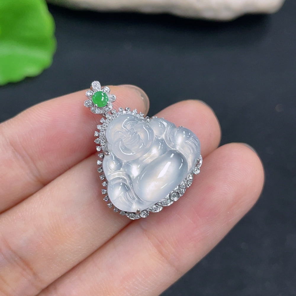 Jadeite Buddha pendant by HKHQ with 18k gold accents and diamond details, weighing approximately 4.79 grams, close-up view of the pendant.
