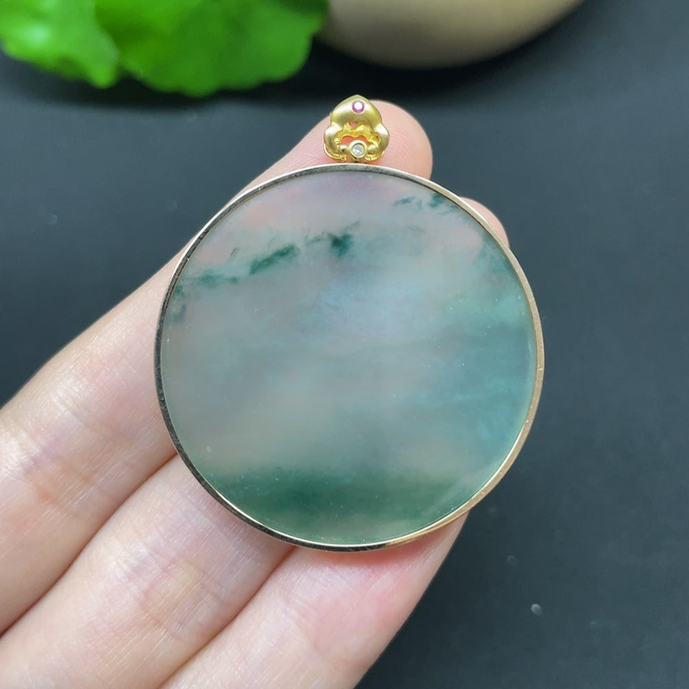 Jadeite round pendant necklace with 18K gold and diamond accents, elegant jewelry piece by HKHQ.