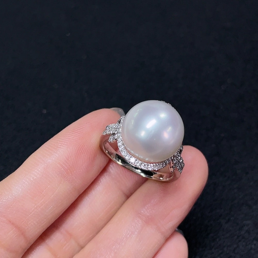 Seawater Pearl Ring with Diamond Accents, 18K Gold, Approx. 13.5mm