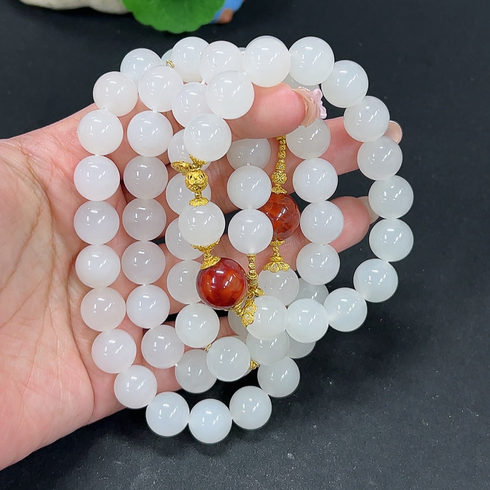 Hetian Jade Bracelet + Bead Chain, Approx. 11.9/11.8mm, Total Weight Approx. 184.1g, Bead Chain 18k, Bracelet Unmarked, Gold Content Tested 18k, Sold as a Set