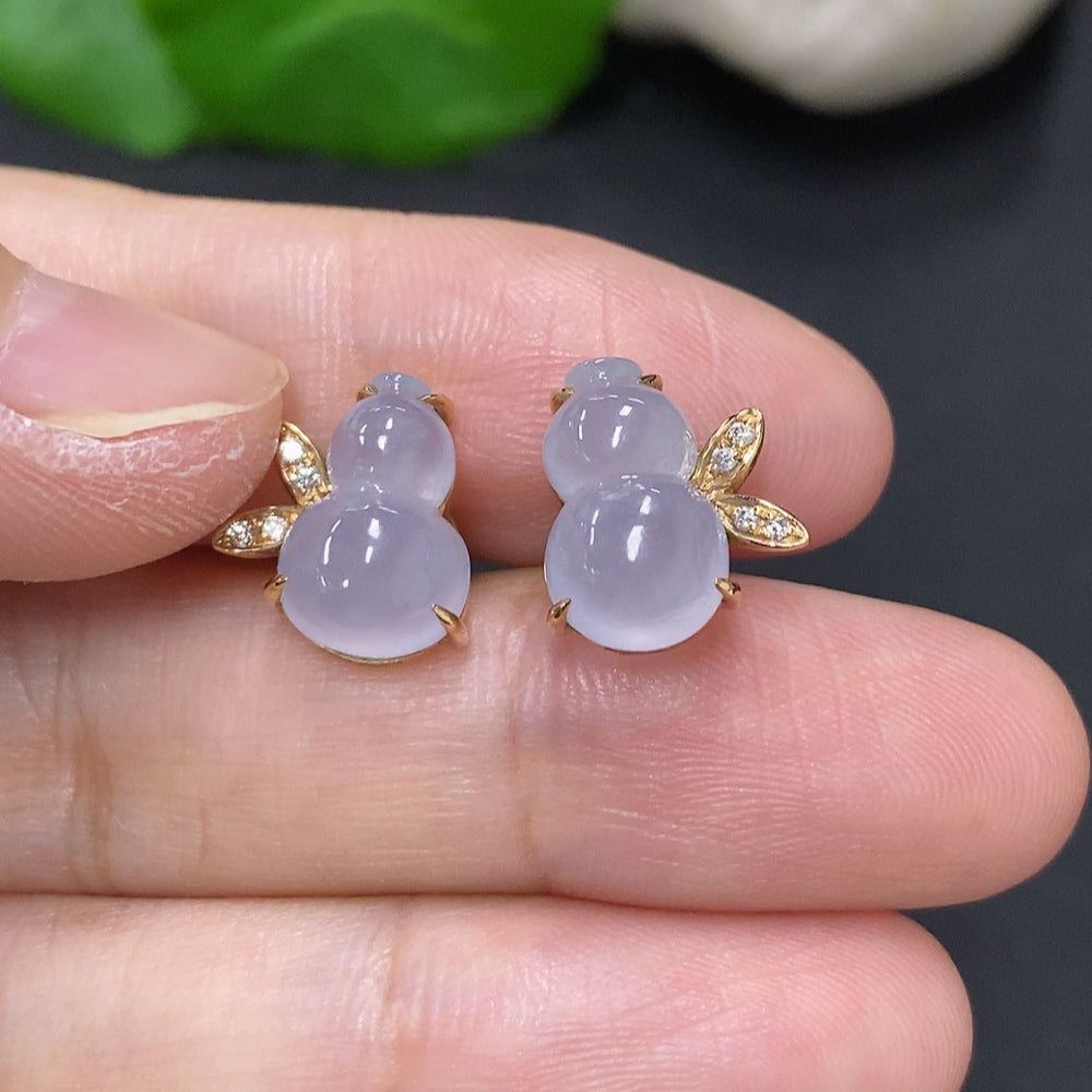 Jadeite Gourd Inlaid Earrings 18K Gold Total Weight Approximately 3.1g Without Ear Backs (Accented with Diamonds)