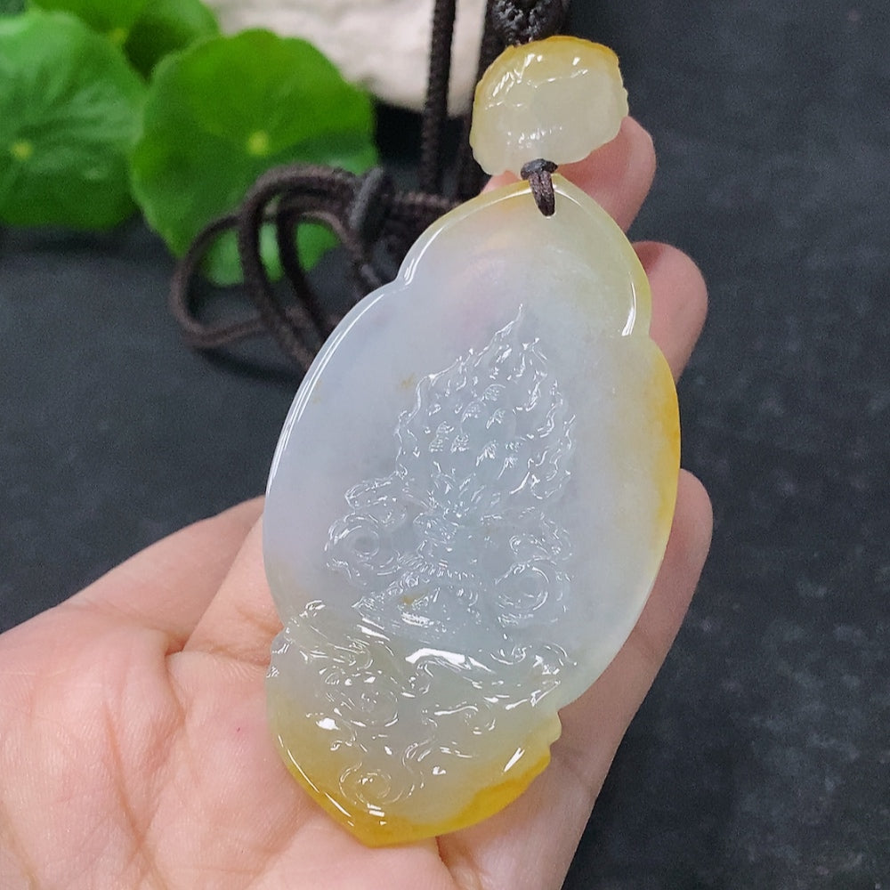 Jadeite Pendant - Universal Salvation, Approx. 32.46g Including Rope, With Collection Certificate, Yellow Part Color Origin Undetermined