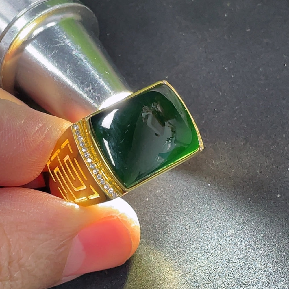 Jadeite saddle inlaid ring by HKHQ with 18k gold, diamond accents, size 19, weighing approximately 9.7g, detailed gemstone design