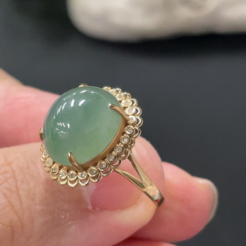 Jadeite Cabochon Ring 18k Gold Setting Size 14 Total Weight Approx. 2.8g with Diamond Accents