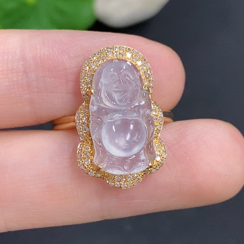 Jadeite Buddha inlay ring 18K Gold with diamonds