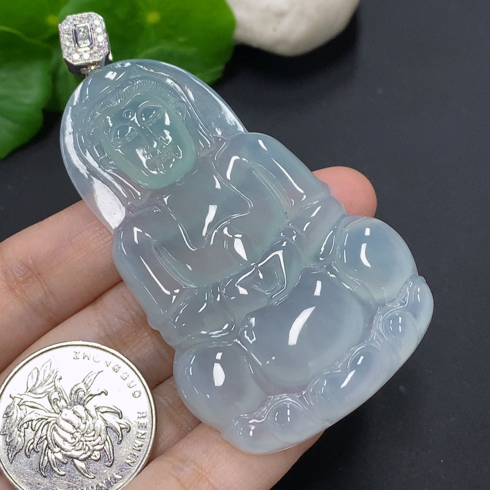 Jadeite Guanyin pendant with 18K gold clasp, diamond accents, crafted from green jade, weighs approximately 31.3 grams.