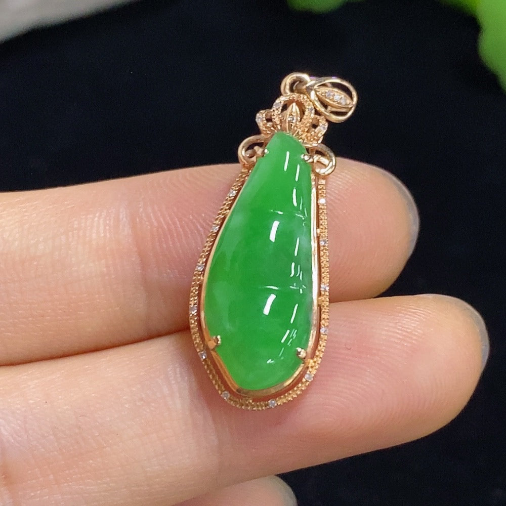 Jadeite Bean Pendant with 18K Gold and Diamond Accents