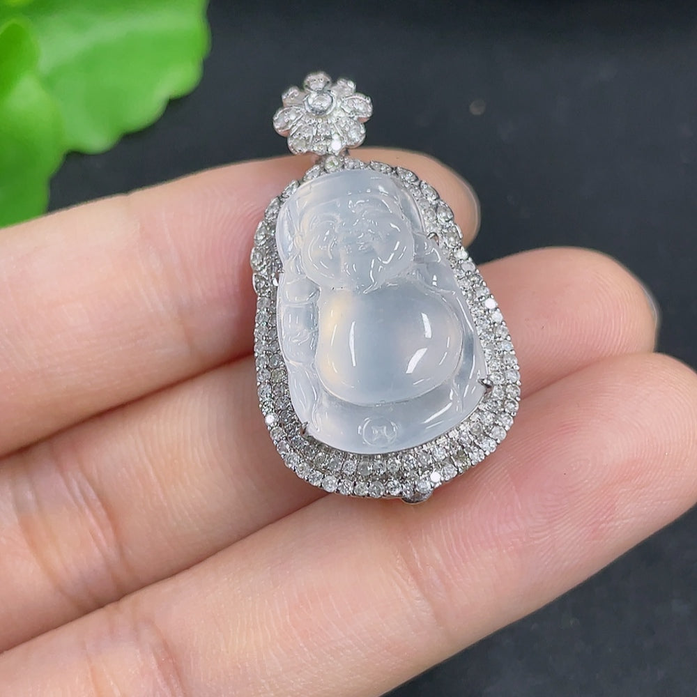 Jadeite Pendant God of Wealth 18k with Diamond Inlay
