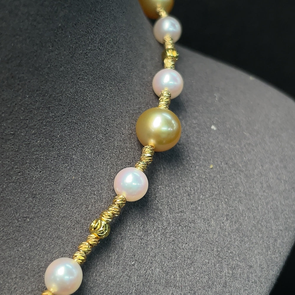 HKHQ seawater pearl necklace with undetermined color, 6.3-9.5mm pearls on a non-gold, undetectable string, weighs approx. 23.42g.