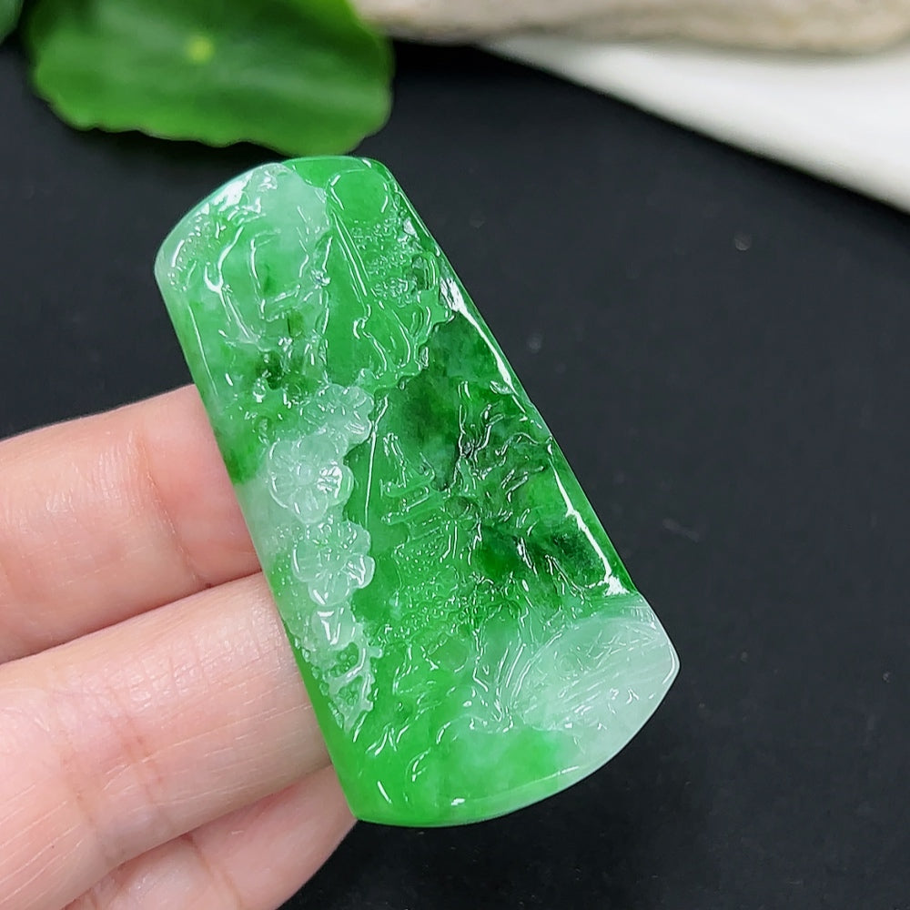 Jadeite landscape pendant necklace by HKHQ featuring a detailed jadeite design with mineral components, weighs approximately 15.19g.