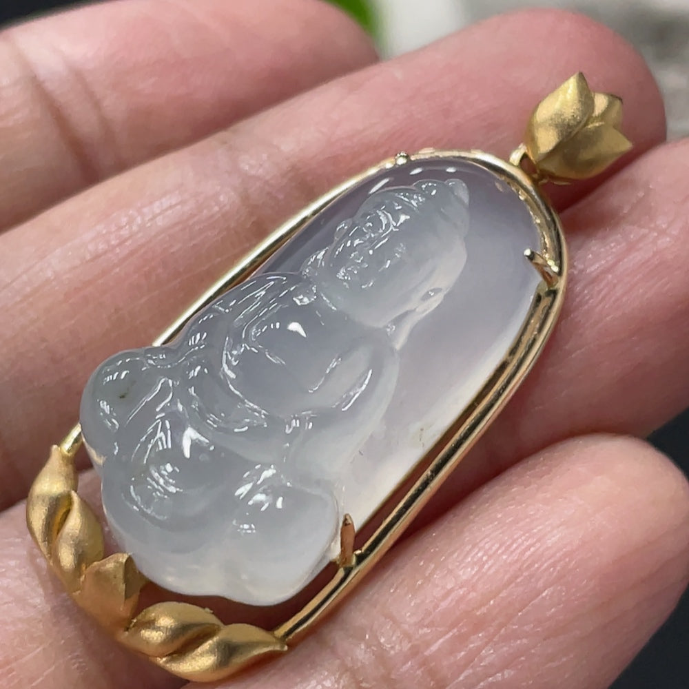 Jadeite Guanyin Inlaid Pendant, 18K Gold Inlaid, Total Weight Approx. 8.96g