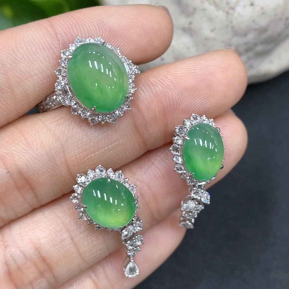 Jadeite Cabochon Earrings/Ring 18K Gold Setting Size 14 Total Weight Approx. 9.76g Wholesale Lot