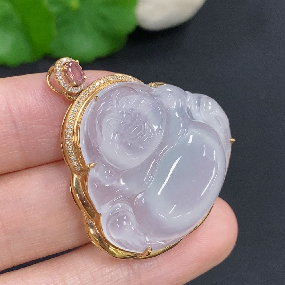 Jadeite Buddha Pendant (with Tourmaline) 18K Gold Total Weight Approx. 10.5g Diamond Accents