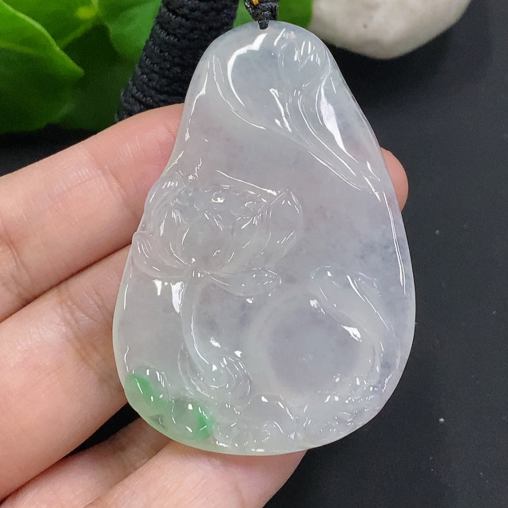 Jadeite Flower of Wealth and Honor Pendant, Total Weight Including Rope Approx. 26.7g
