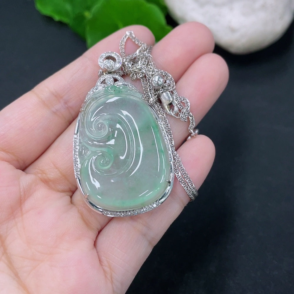Jadeite Ruyi pendant with 18K gold and diamond accents, showcasing intricate inlay and detailed craftsmanship, weight about 15g.