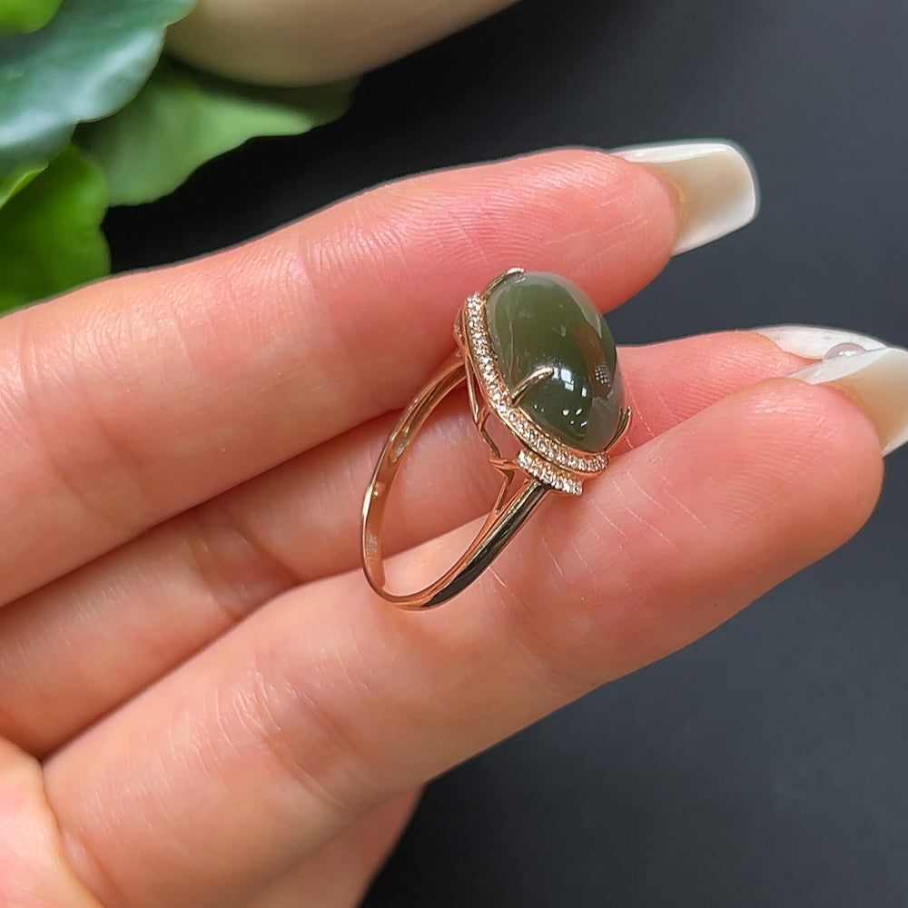 Hetian Jade Inlaid Ring 18K Gold with Diamond Accents