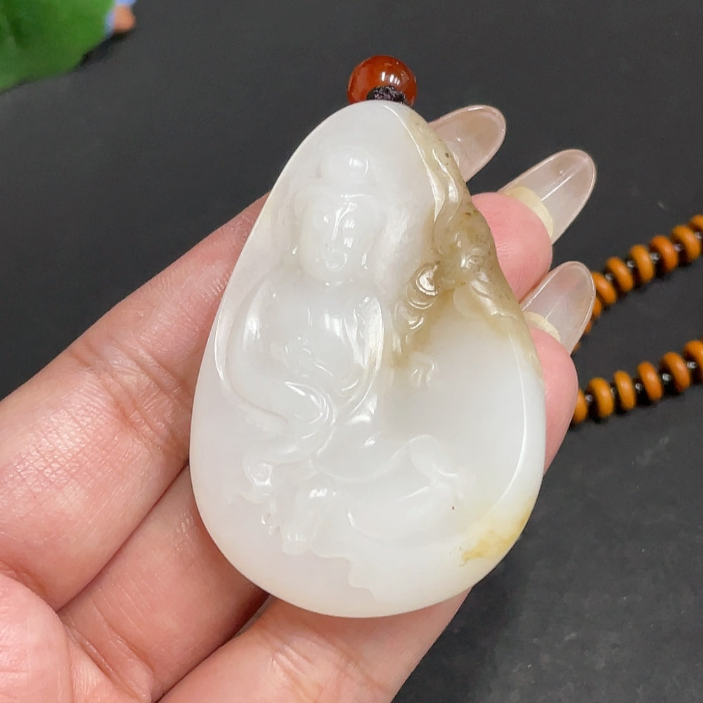 Hetian Jade Pendant, Guanyin, Undetermined Skin Color Origin, Matching Beads Not Hetian Jade, Total Weight Approximately [Including Chain] 55.9g