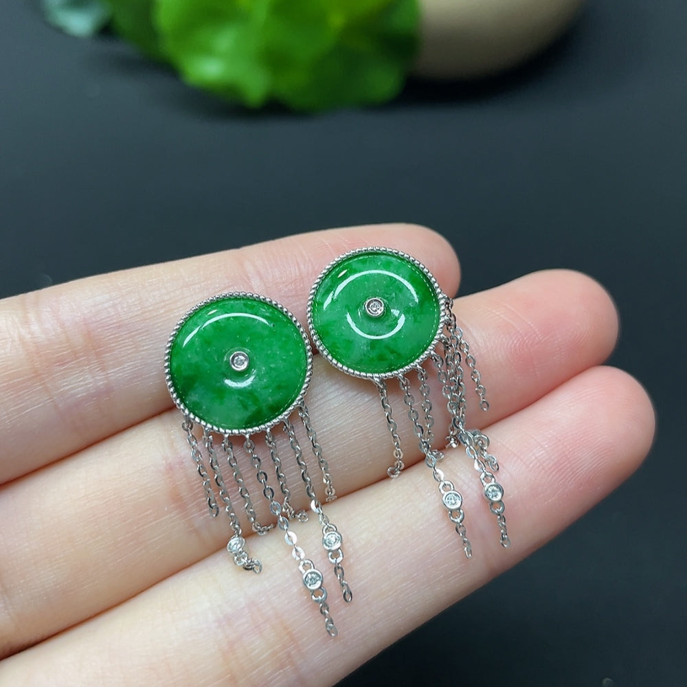 HKHQ jadeite safety buckle inlaid earrings with diamonds, 18k gold setting, featuring mineral components and a total weight of 3.79g.