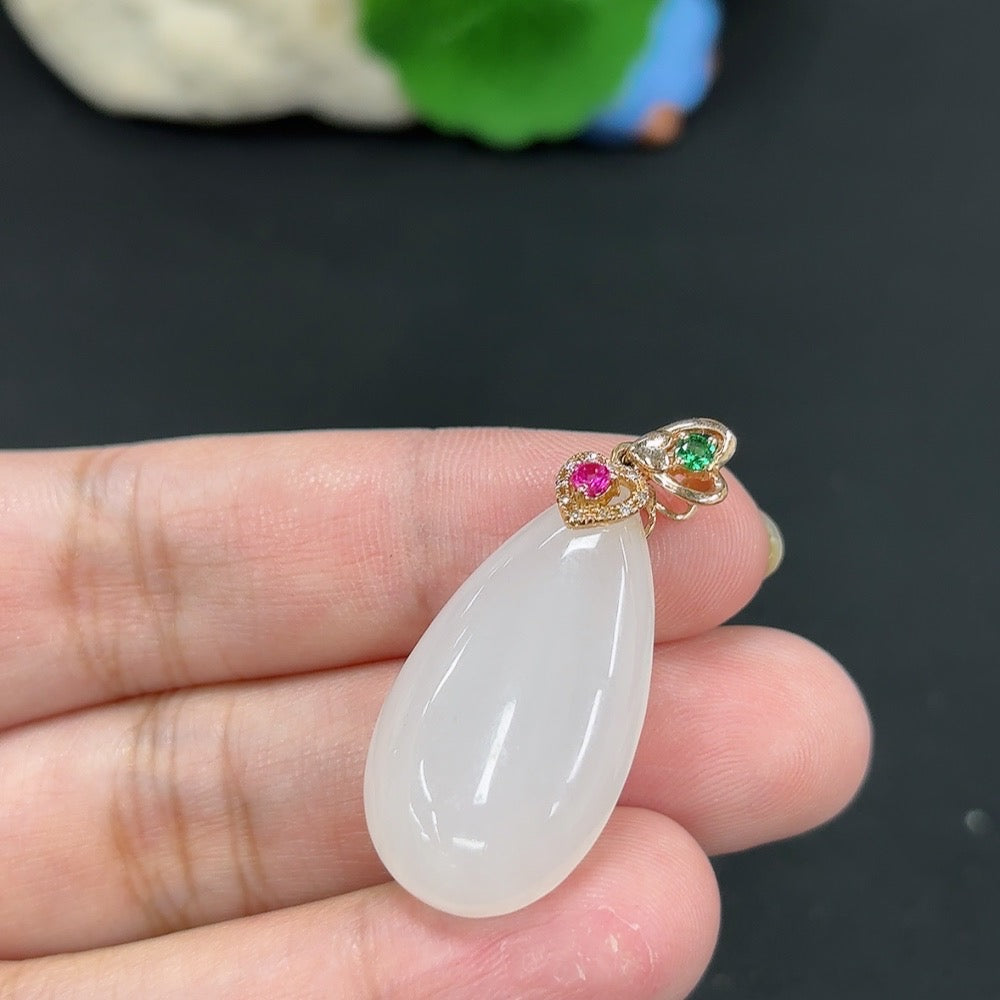 Hetian Jade Inlaid Pendant, Water Drop, 18K, Diamond Accents